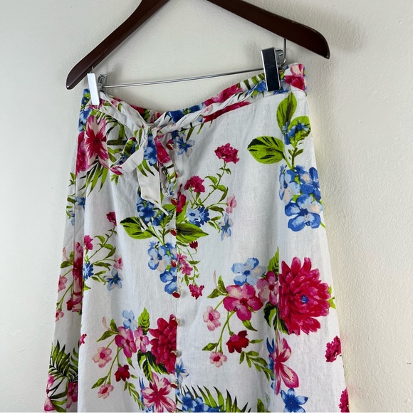 Linen Blend NYCC Tropical Floral Print Button Down A-Line Tie Waist Midi Skirt - Picture 7 of 12